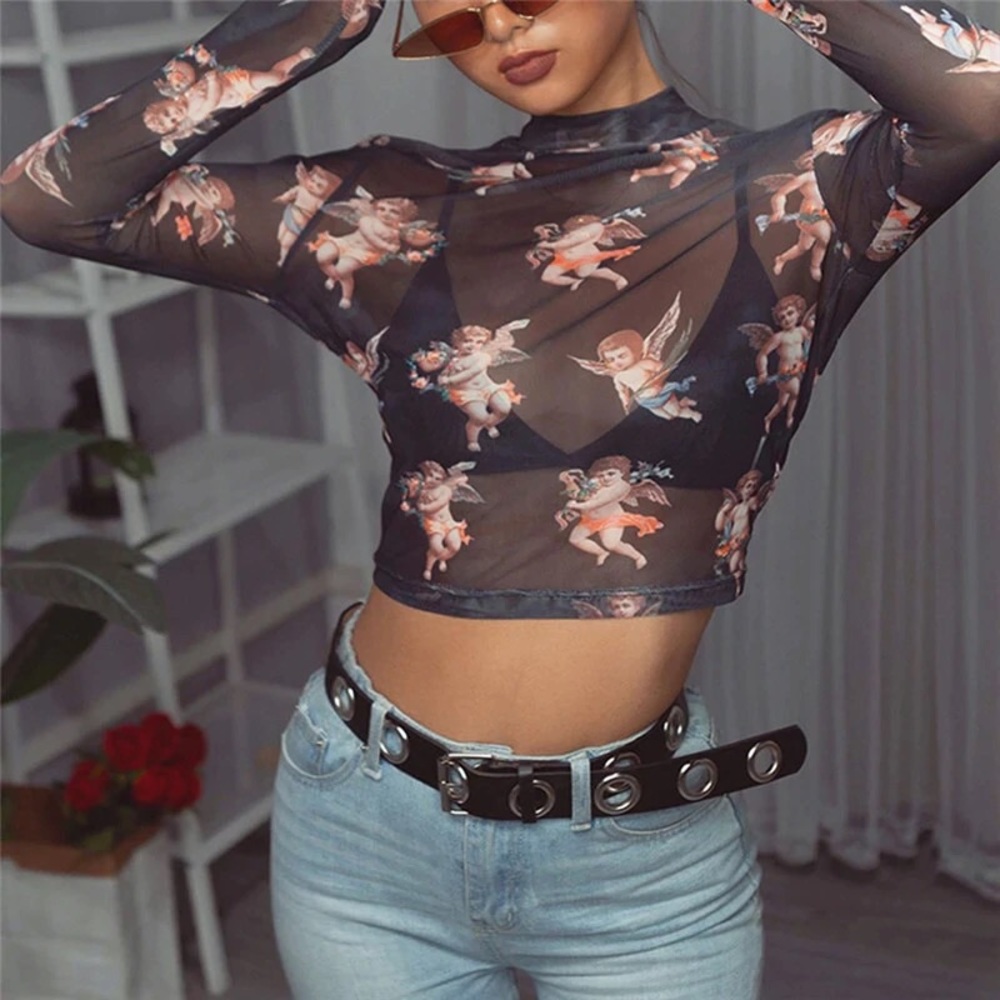 Angel print mesh top